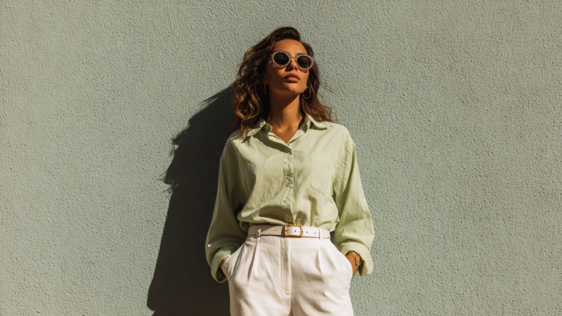 Žena u svetlo zelenoj košulji i belim pantalonama stoji uz zid, sa naočarima za sunce