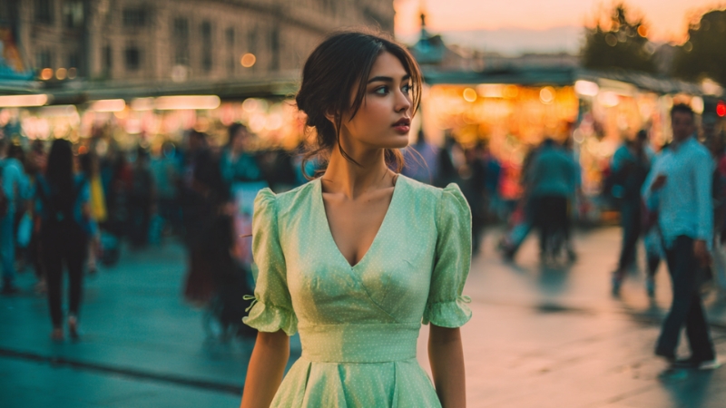 Devojka u svetlo zelenoj haljini stoji na gradskoj ulici